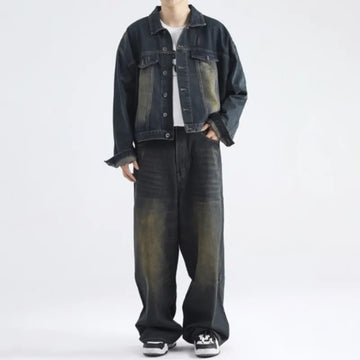 Aidase American Retro Vintage Denim Lapel Jacket Men's Hight Street Drape Wide Leg Jeans Hip Hop Trousers Suit/single Piece aidase-shop
